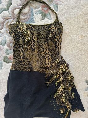 Leopard Print Beaded Strap Cocktail Dress in Black and Gold